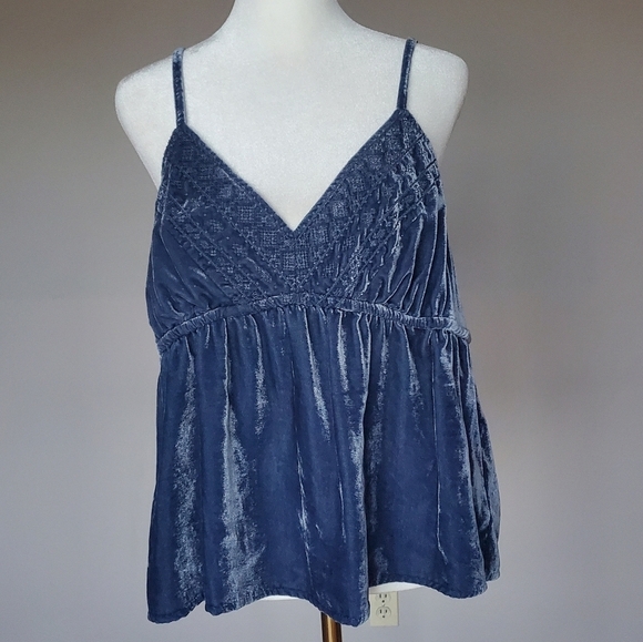 Lucky Brand Baby Doll Embroidered Velvet Sleeveless Top Blue Womens Size L - Picture 13 of 13